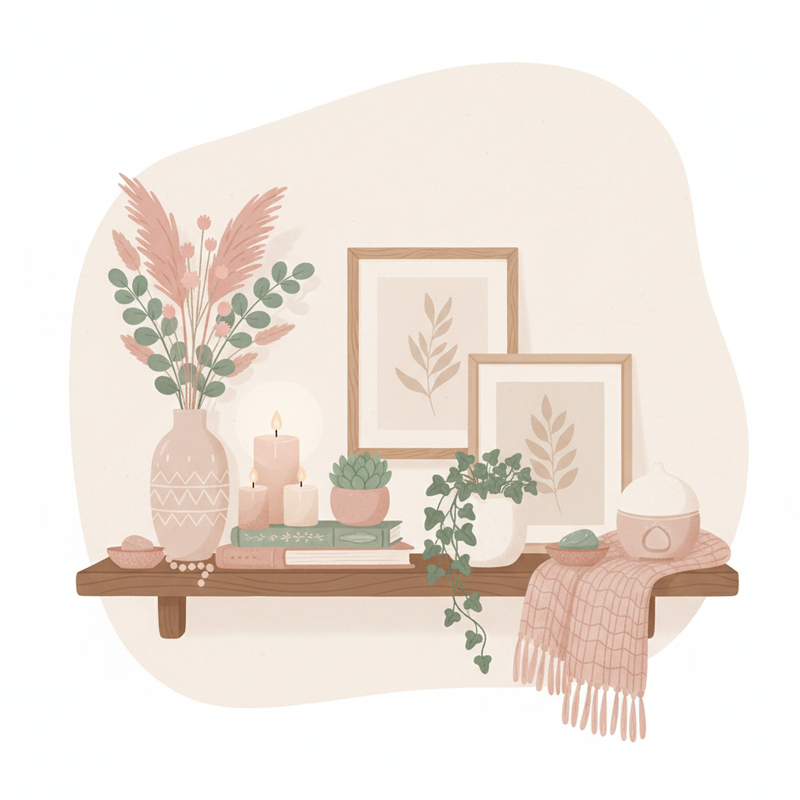 Étagère décorative avec vases de fleurs séchées, cadres botaniques, plantes, bougies et plaid cosy.