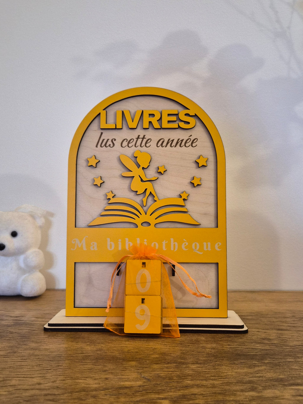 Compteur de livres Liseur "ENCHANTE" - Décoration bois artisanale faite main - Canca Créations